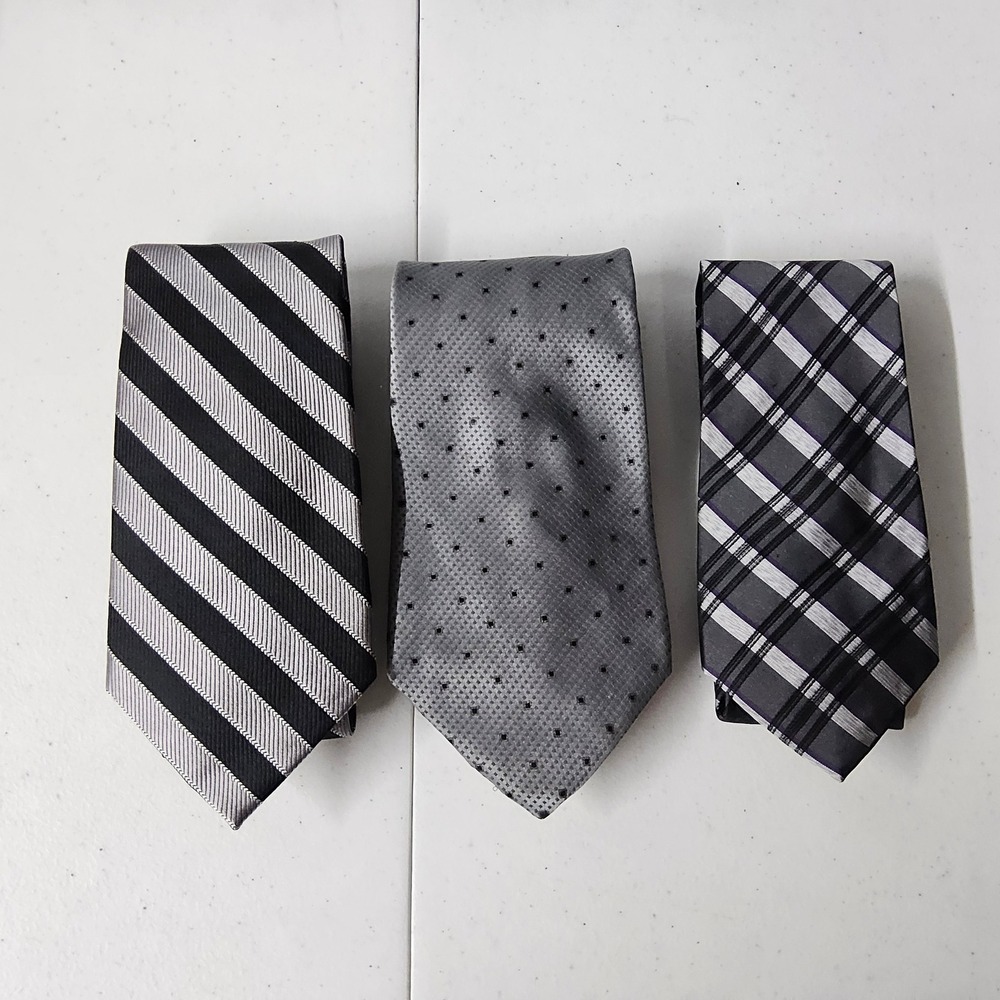 DKNY J.S.A. Bank APT. 9 Necktie Set Silk Gray Black Striped‎ Plaid Men